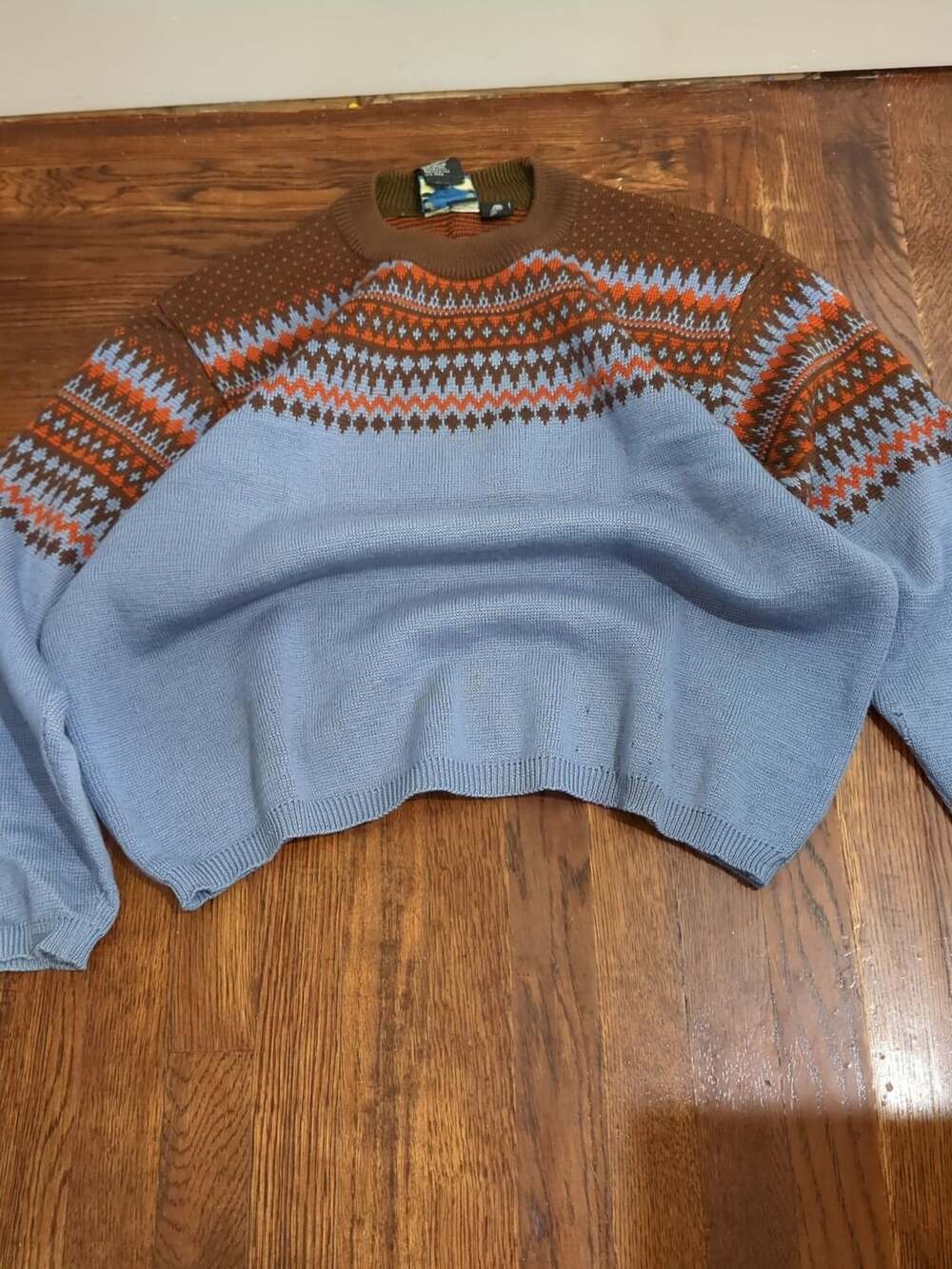 Burton Snowboards Fair Isle Wool Sweater Size L Blue Brown Vintage